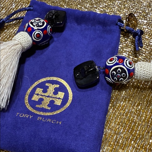 Tory Burch Elegant Beige and Blue Mohair Tassel Clip-on Earrings main image 4